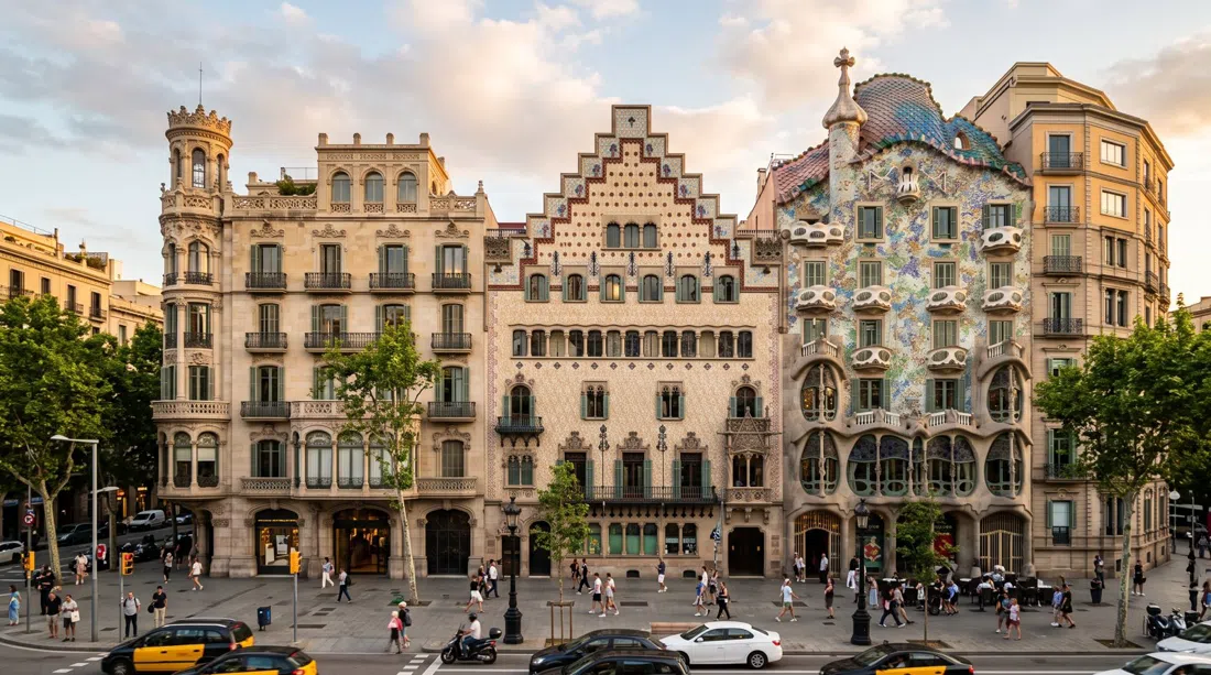 the Illa de la Discòrdia on Passeig de Gràcia at golden hour, with Casa Batlló, Casa Amatller and Casa Lleó Morera crowding one Modernista block
