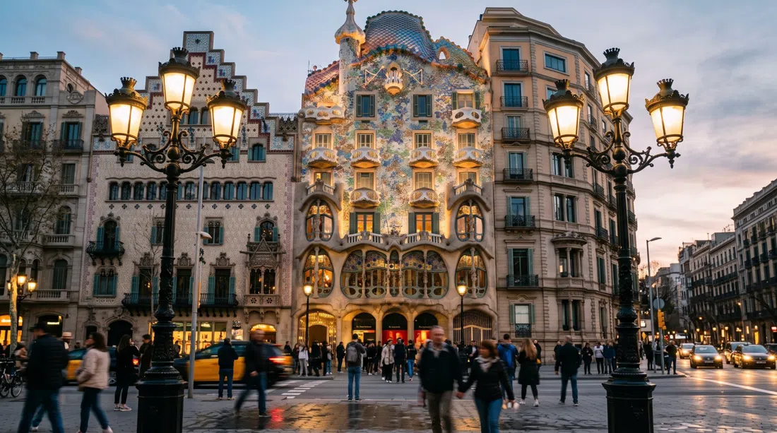 Casa Batlló on Passeig de Gràcia at dusk, with its mask-like balconies, mosaic façade and street lamps in the foreground