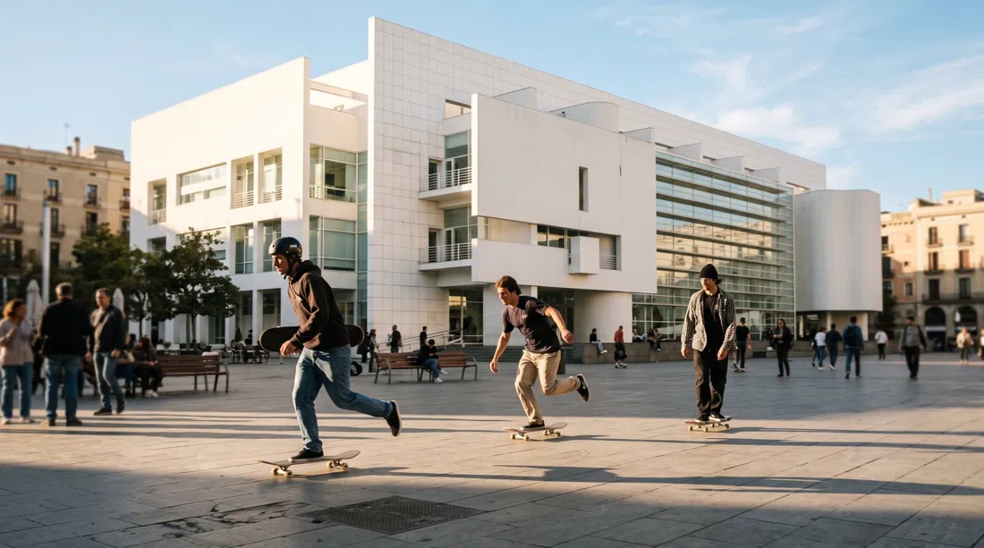 Richard Meier’s white MACBA building on Plaça dels Àngels, with skateboarders crossing the sunlit forecourt in the late afternoon