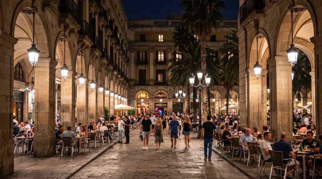 den arkadeomkransede palmelinede Plaça Reial om natten, med Jamborees indgang under pladsen og varme gadelamper på stenarkaderne