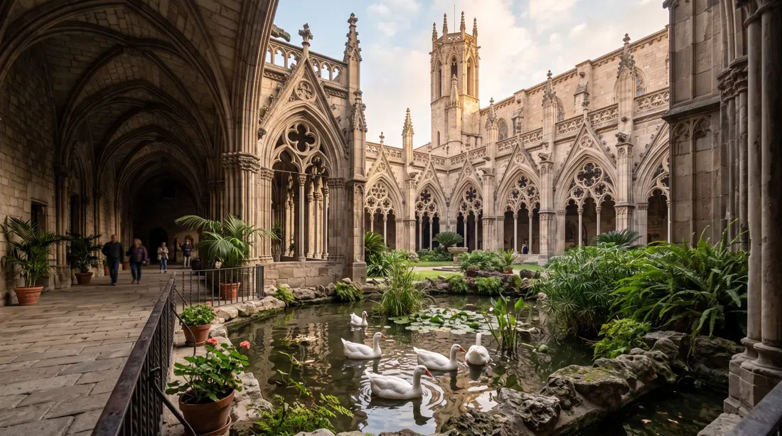 Barcelonas Katedrals facade og klosterområde i morgensol, med stentracerier og residente gæs i den skyggefulde gårdhave