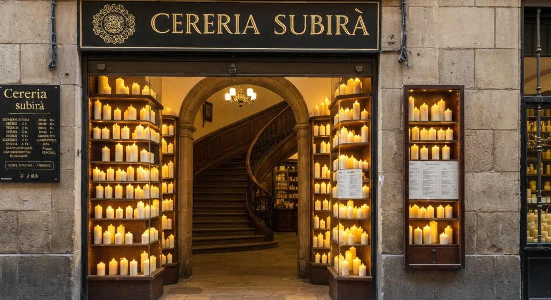 Cereria Subiràs lysfyldte butiksfacade på Baixada de la Llibreteria, med den buede baroktrappe synlig indenfor