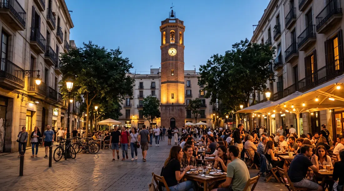Plaça de la Vila de Gràcia at dusk with the 33-metre clock tower rising above café terraces and neighbours gathering under warm streetlights