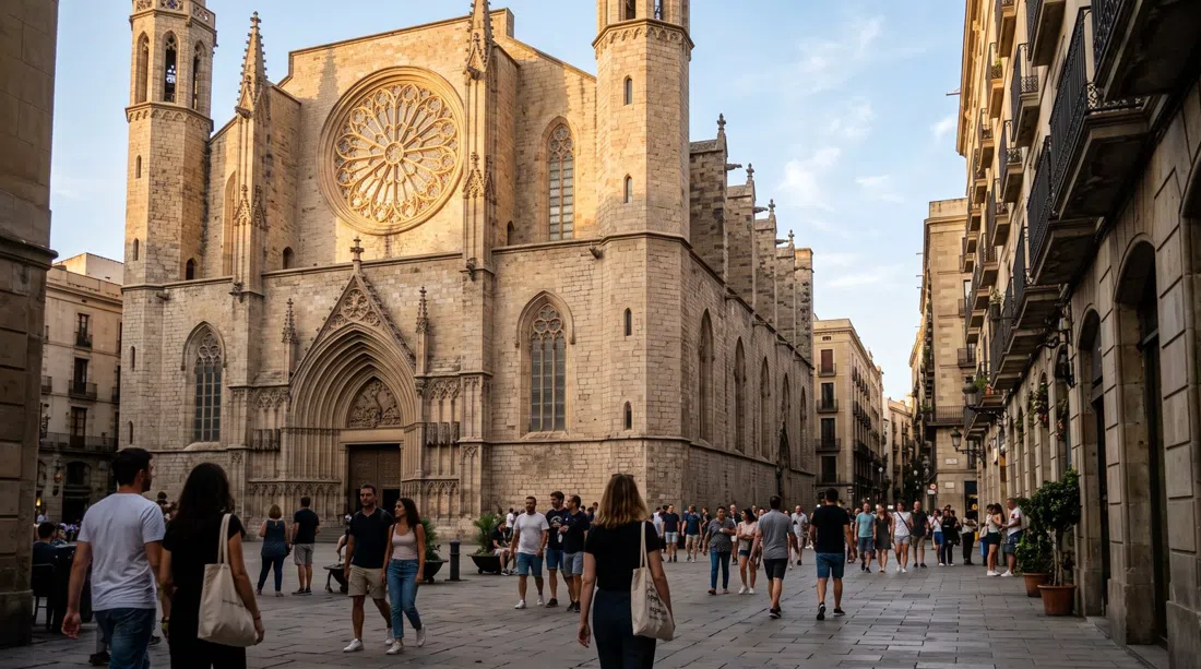 Santa Maria del Mars gotiske stenfacade og rosenvindue i sent eftermiddagslys, med Passeig del Born der begynder at fyldes med fodgængere