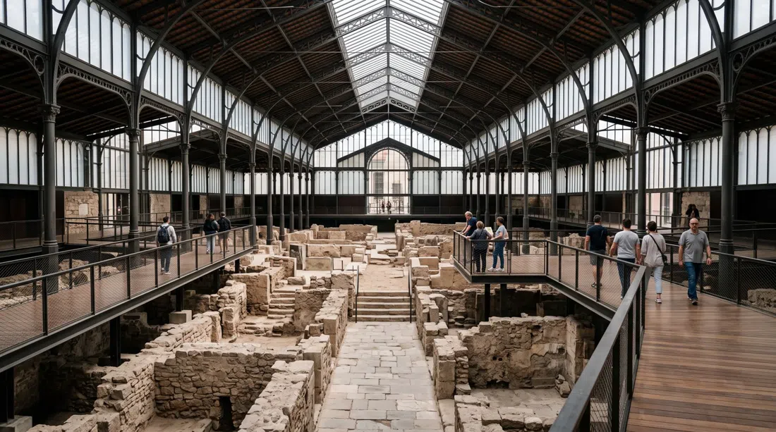 jern-og-glas-taget på El Born Centre de Cultura i Memòria over de arkæologiske ruiner, med forhøjede gangbroer og de blottede gamle gader nedenunder