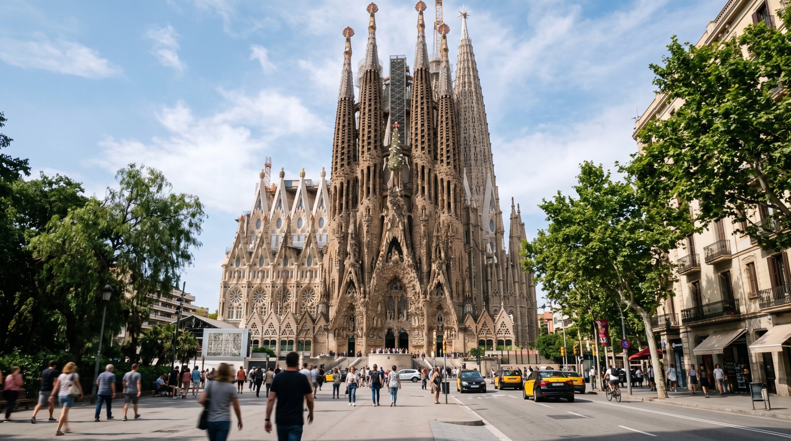 Gaudí’s Sagrada Família rising above Mallorca 401, viewed from the plaza with the Nativity façade and the tower’s vertical lines dominating the frame