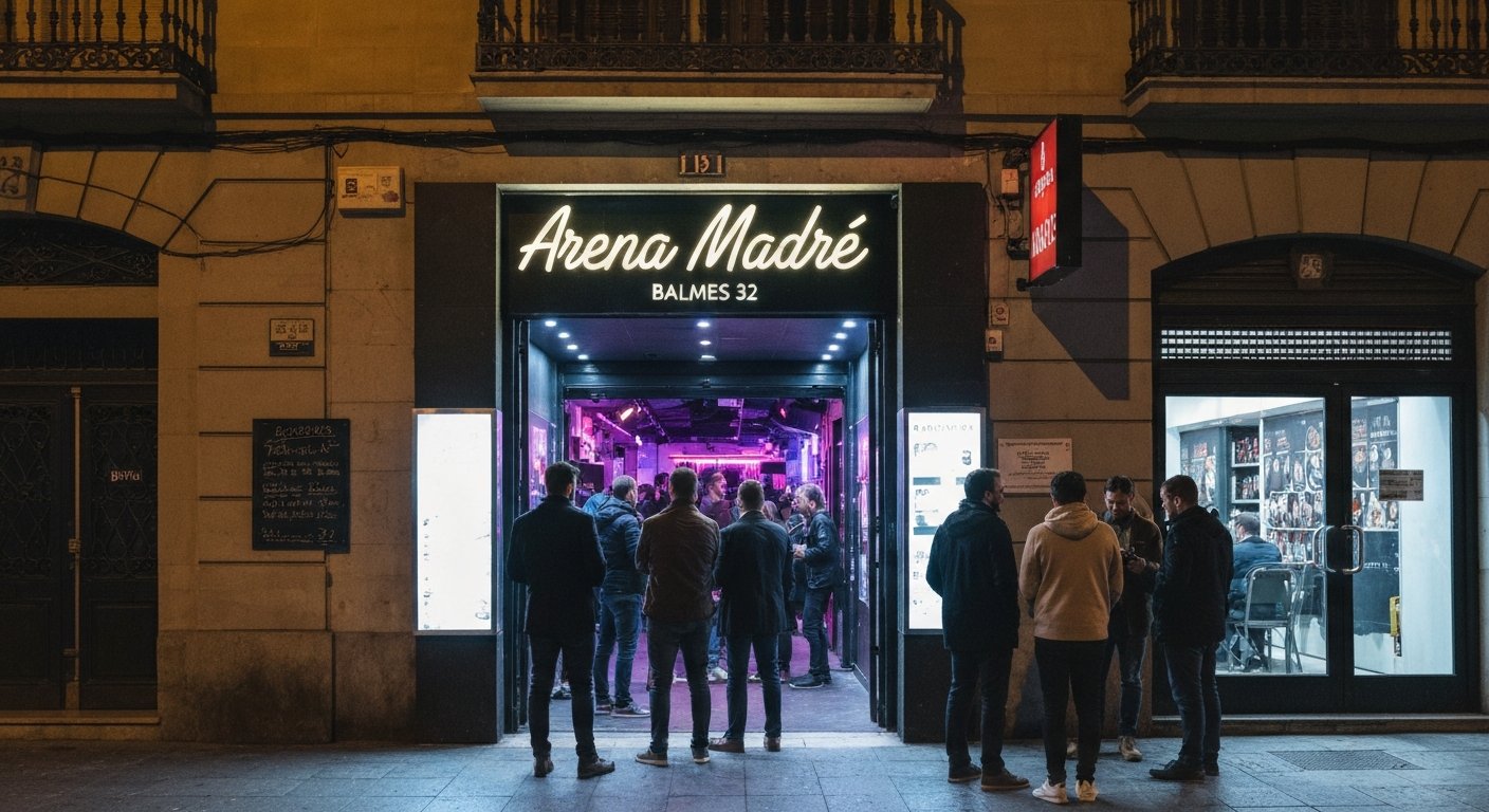 the entrance to Arena Madre on Balmes 32 at night, neon glow and people gathering outside before the club opens