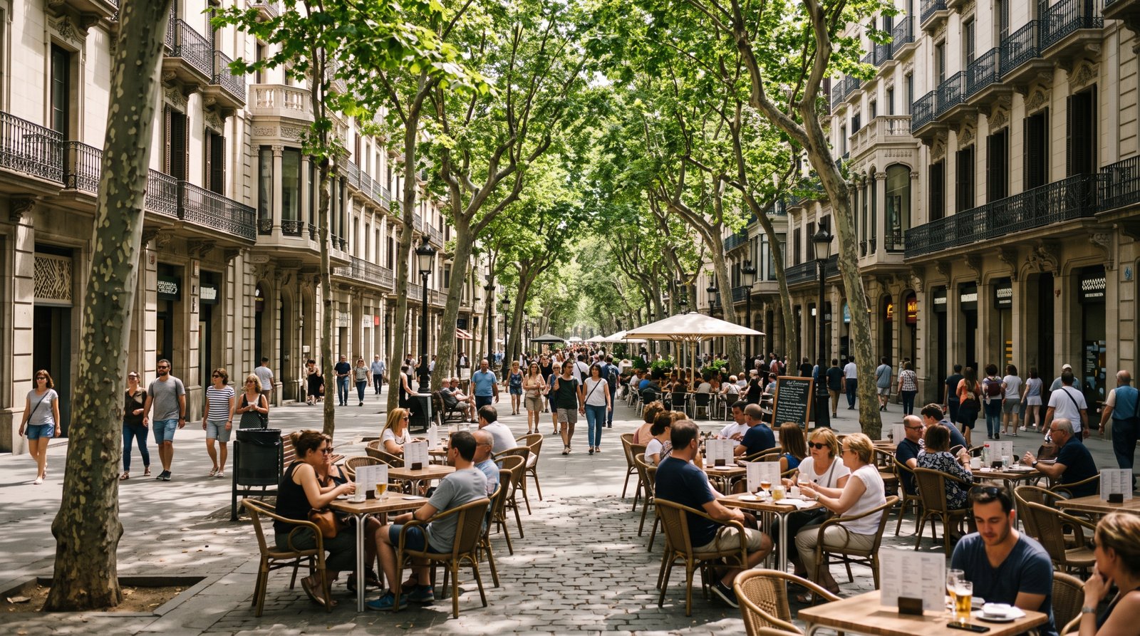 the tree-lined Rambla de Catalunya in daytime, café tables under plane trees and the boulevard stretching toward the distance