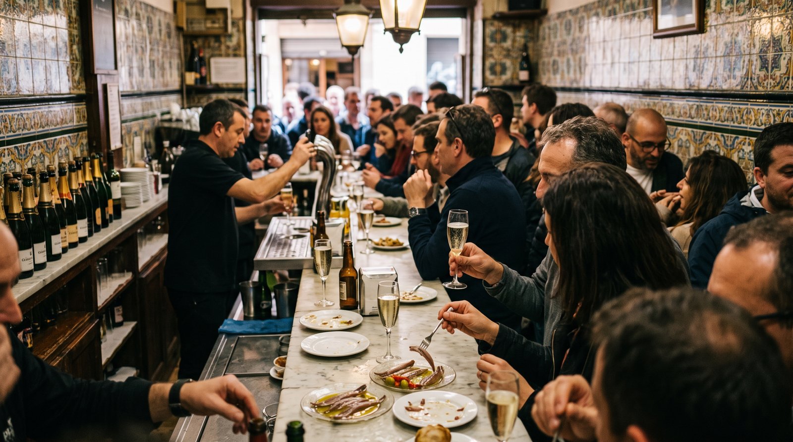 the tiled interior of El Xampanyet on Carrer de Montcada, marble counter, small glasses of cava, anchovies on plates and a packed, standing-room-only crowd