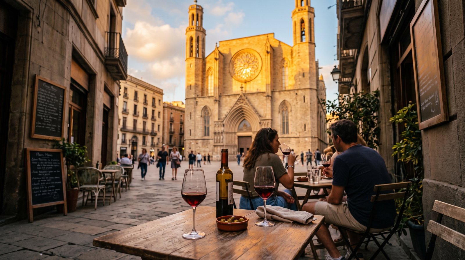 La Vinya del Senyor’s tiny terrace facing Santa Maria del Mar at golden hour, wine glasses on a small table and the basilica glowing across the square