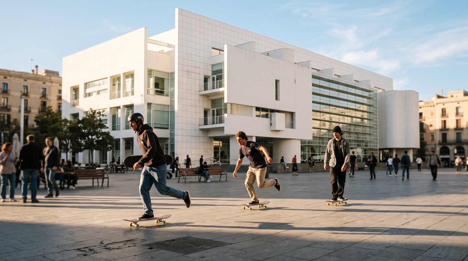 Richard Meier’s white MACBA building on Plaça dels Àngels, with skateboarders crossing the sunlit forecourt in the late afternoon