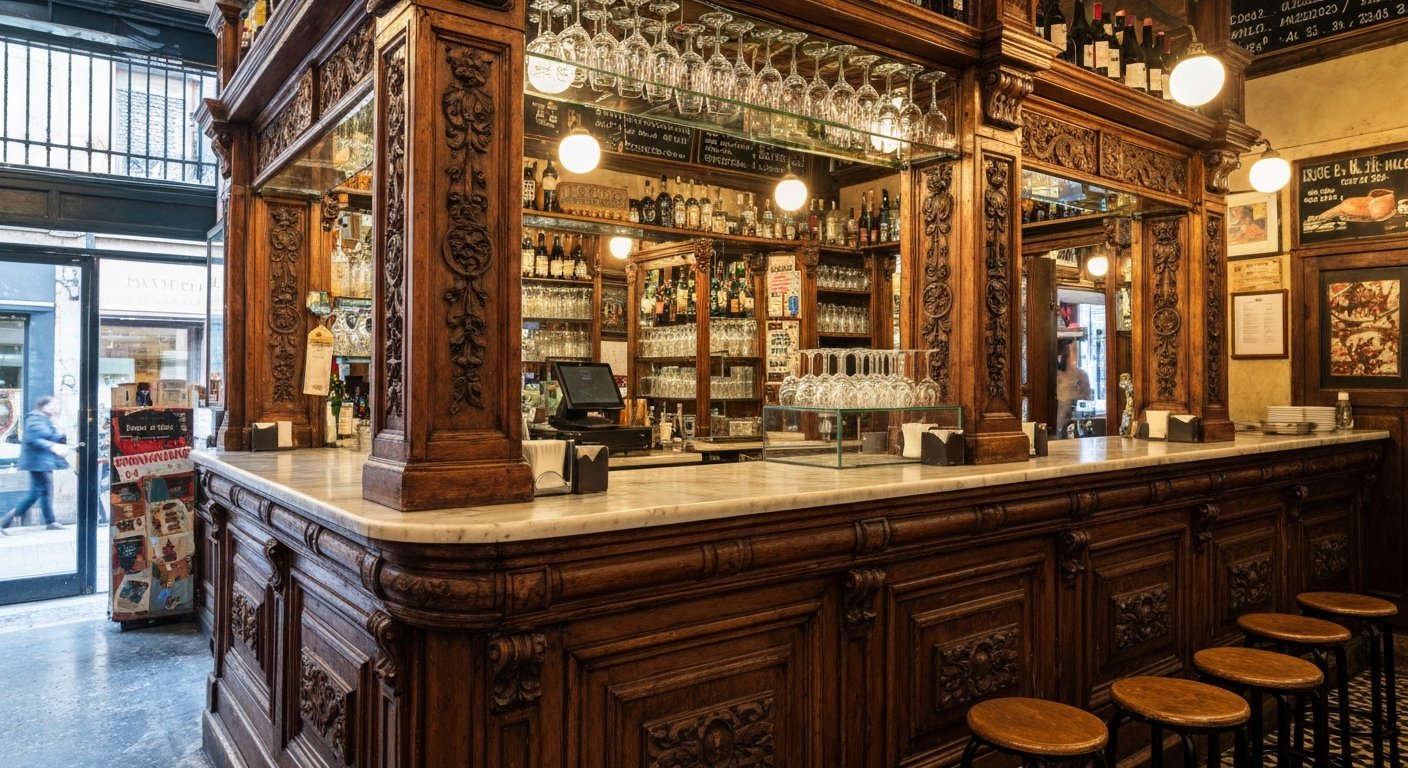 the marble counter and carved wood interior of Bar Muy Buenas on Carrer del Carme, with vermouth glasses catching the light