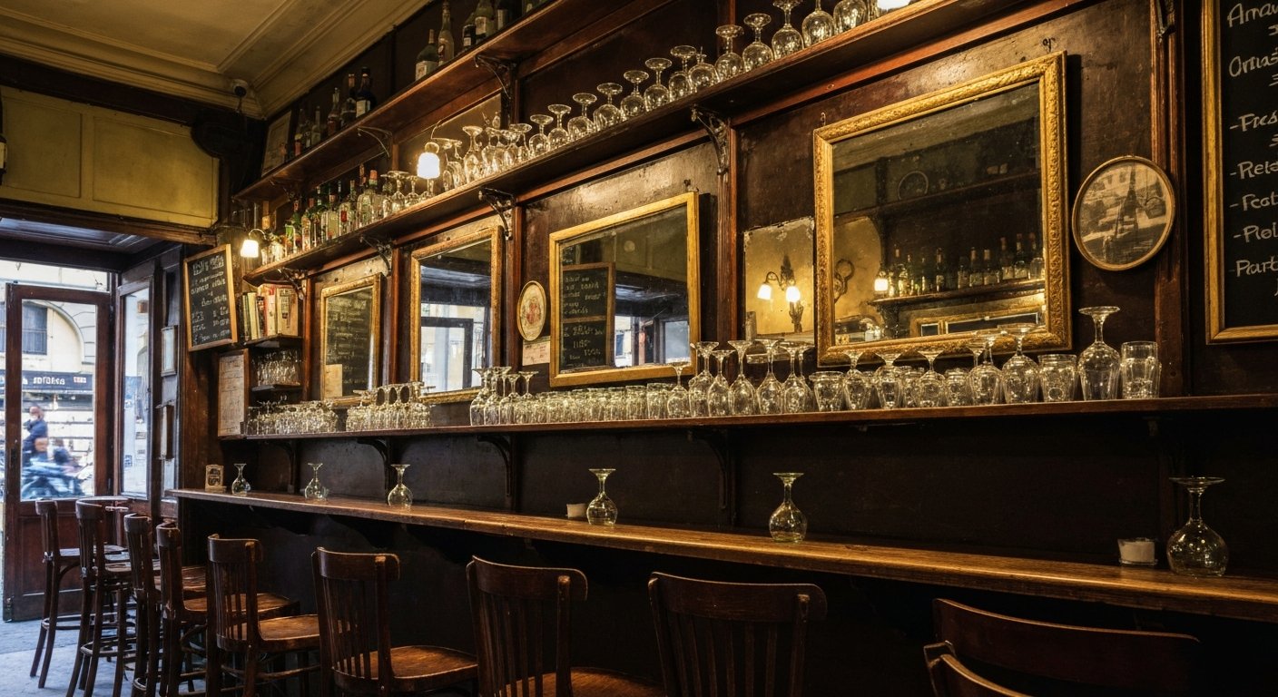 the faded interior of Bar Marsella on Carrer de Sant Pau, absinthe glasses and old mirrors glowing under warm low light