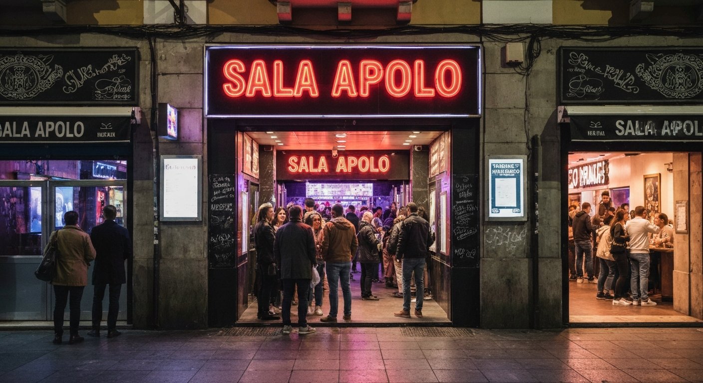 the bustling entrance of Sala Apolo on Nou de la Rambla at night, neon signs and people gathering before a club night
