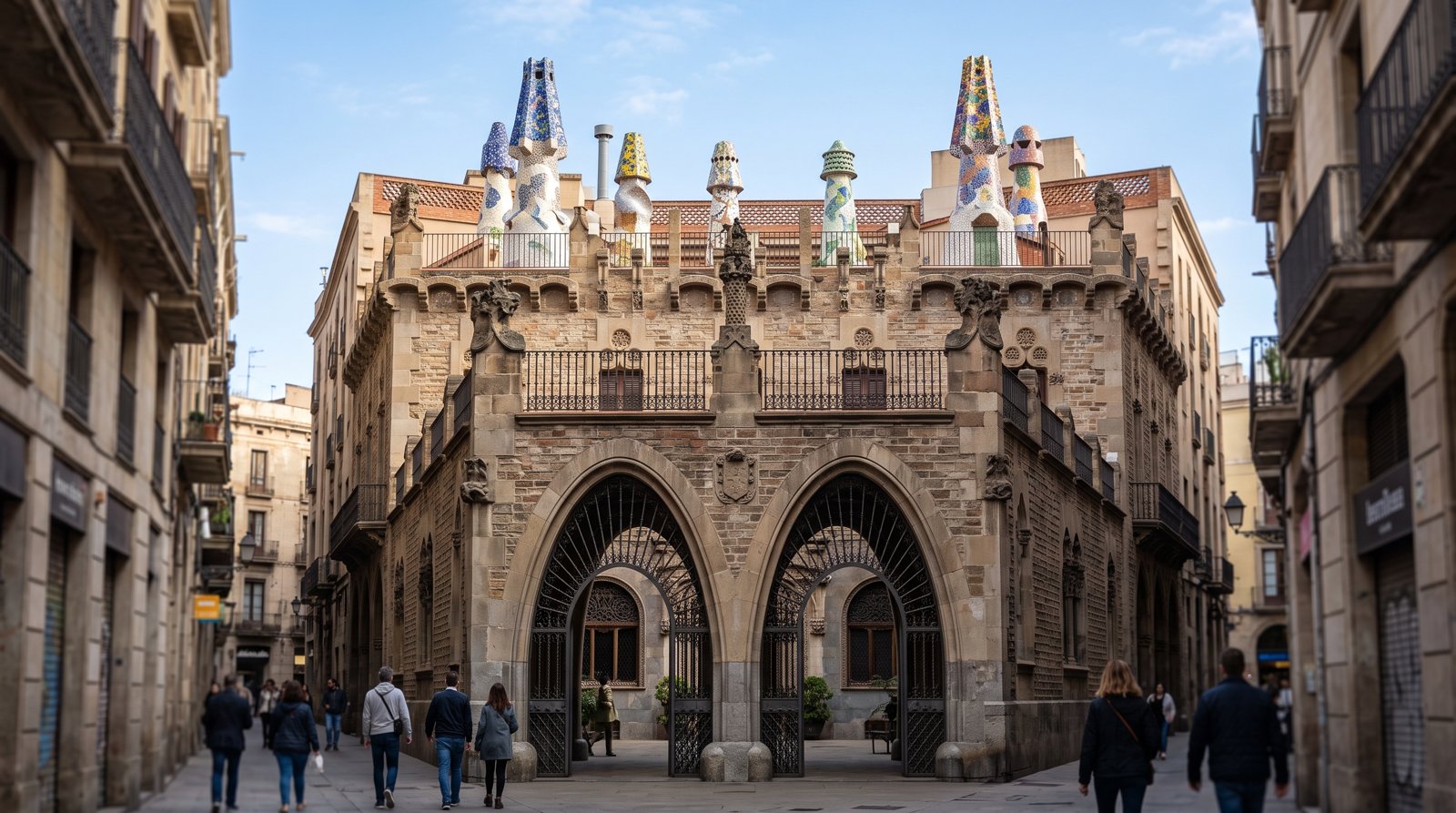Palau Güell on Nou de la Rambla, its parabolic-arch entrance and mosaic chimney roof terrace seen in clear daylight