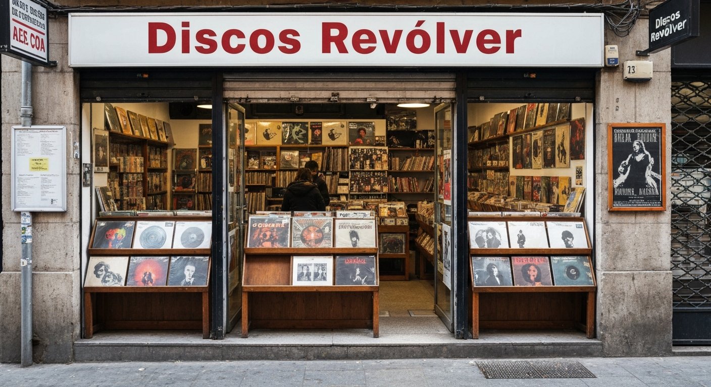 the record-shop frontage of Discos Revólver on Carrer dels Tallers, with vinyl sleeves and band posters in the window