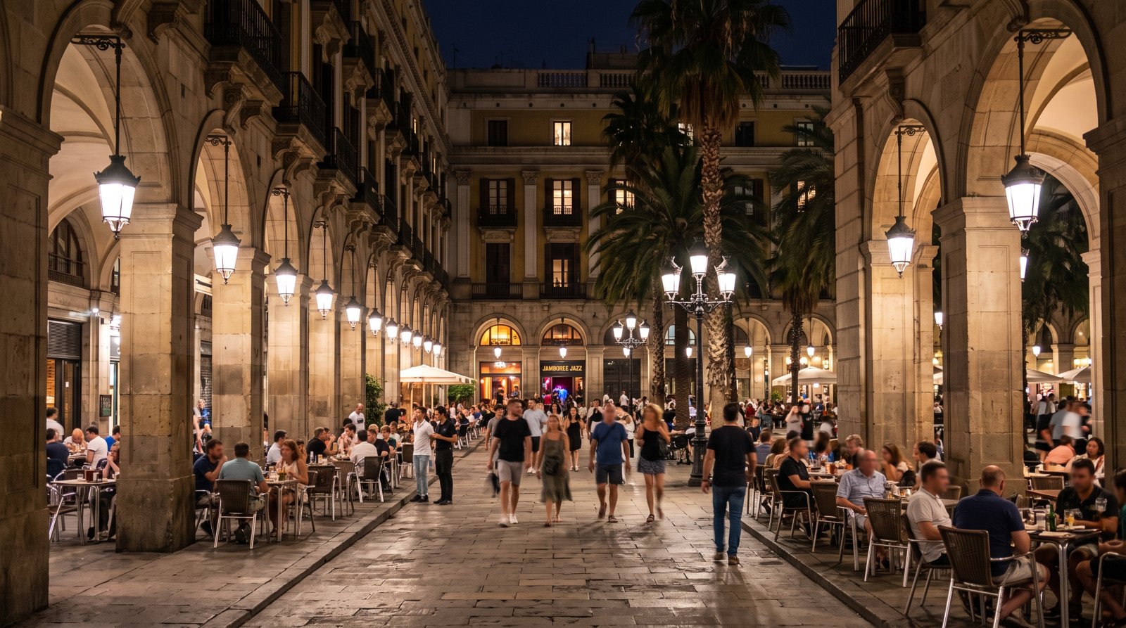 the arcaded palm-lined Plaça Reial at night, with Jamboree’s entrance below the square and warm streetlights on the stone arcades