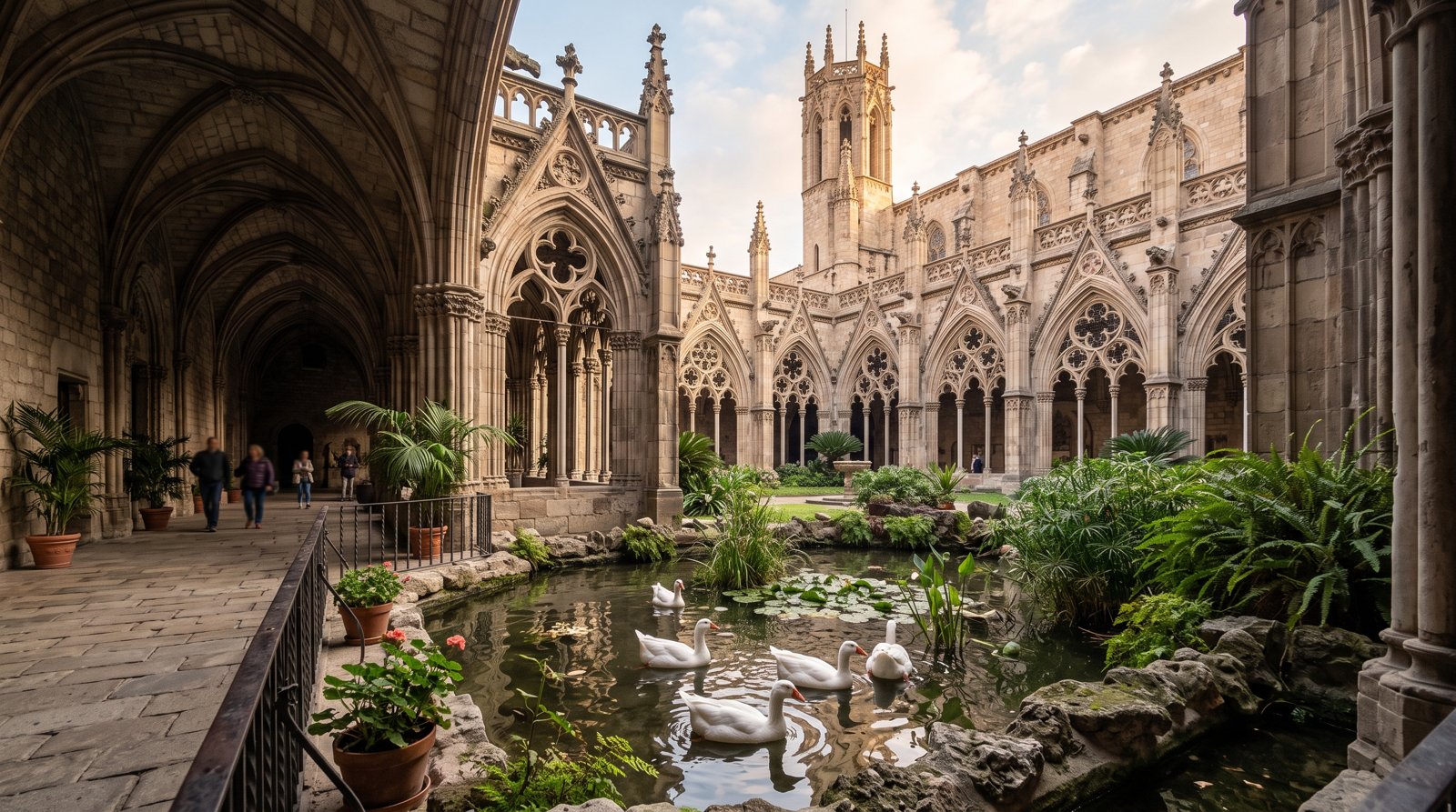 the Cathedral of Barcelona façade and cloister area at morning light, with stone tracery and resident geese in the shaded courtyard