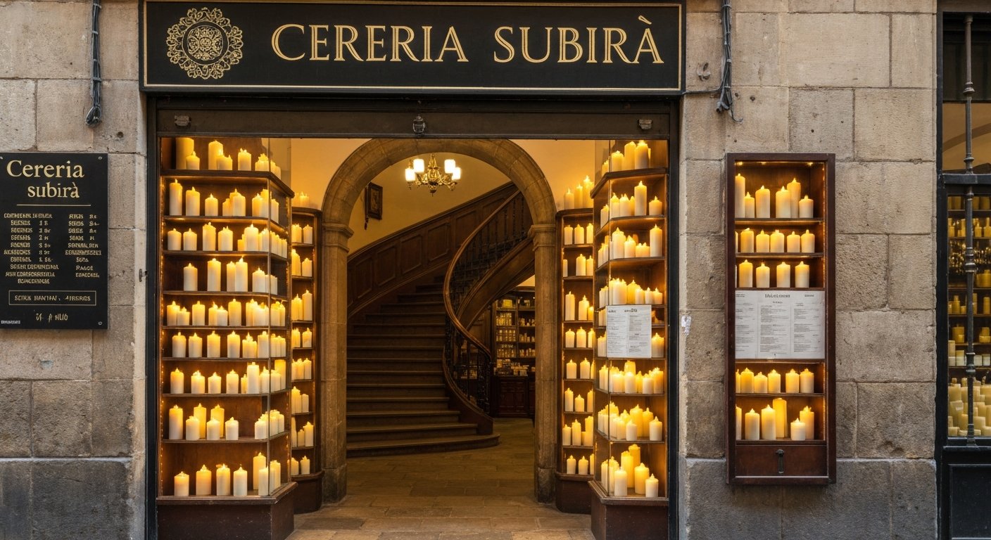 Cereria Subirà’s candle-filled shopfront on Baixada de la Llibreteria, with the curved baroque staircase visible inside