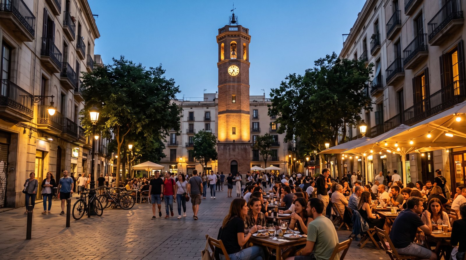 Plaça de la Vila de Gràcia at dusk with the 33-metre clock tower rising above café terraces and neighbours gathering under warm streetlights