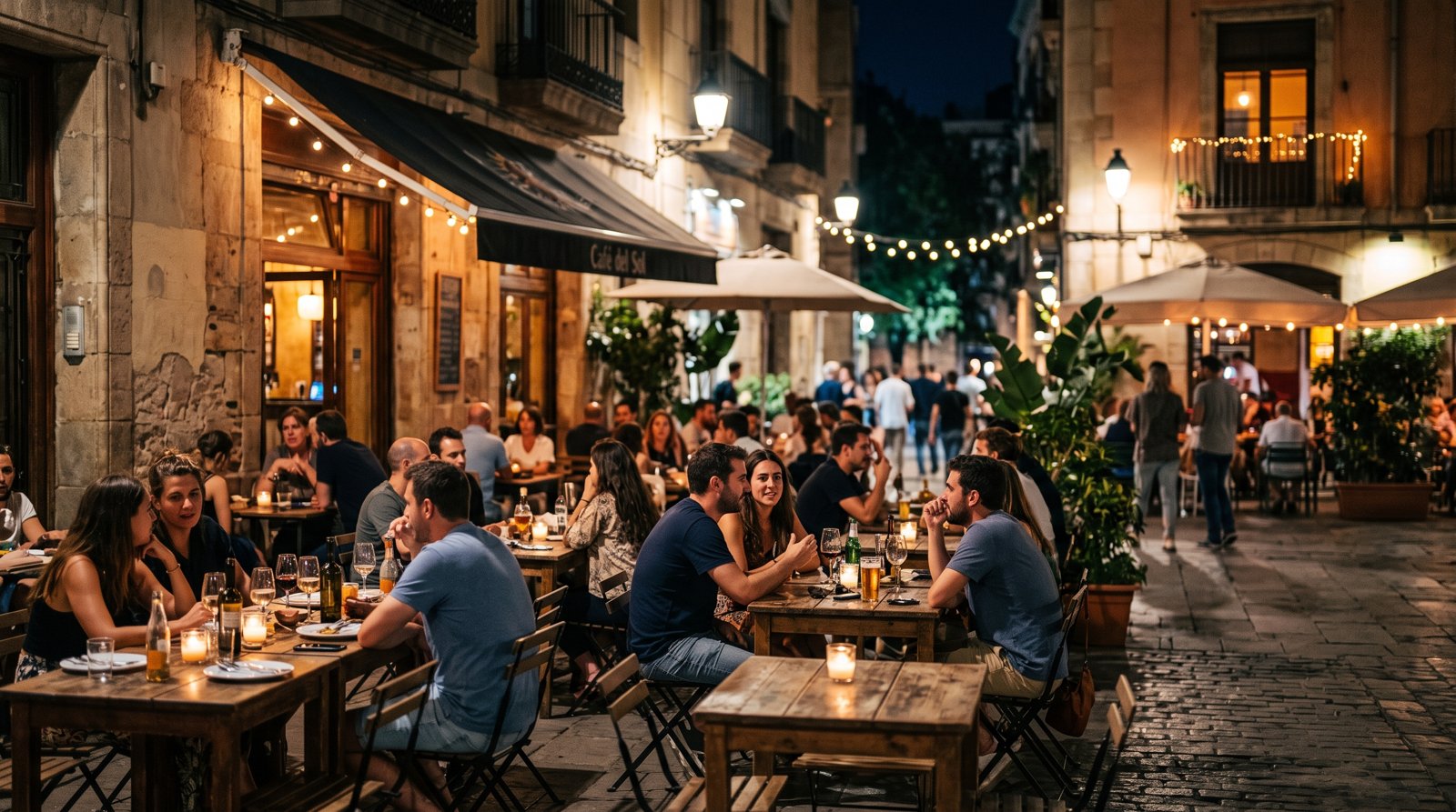 the terrace of Café del Sol on Plaça del Sol at night, with small groups drinking at low tables as the square glows under streetlamps