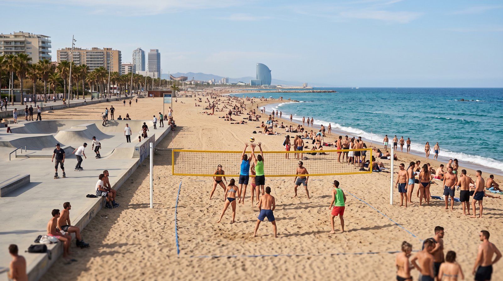 Mar Bella Beach with its skate park and beach volleyball area, showing the livelier naturist and LGBTQ+ stretch near the water