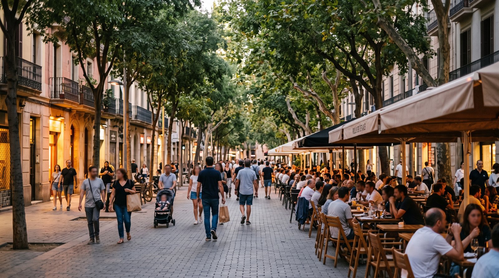 the tree-lined Rambla del Poblenou at dusk, terraces busy with locals and the neighbourhood’s low-rise buildings fading into evening light