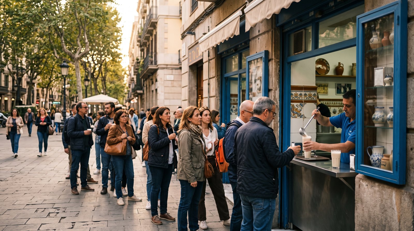 the queue outside El Tío Che at the corner of Rambla del Poblenou and Carrer del Joncar, with horchata served at the counter in late-afternoon light