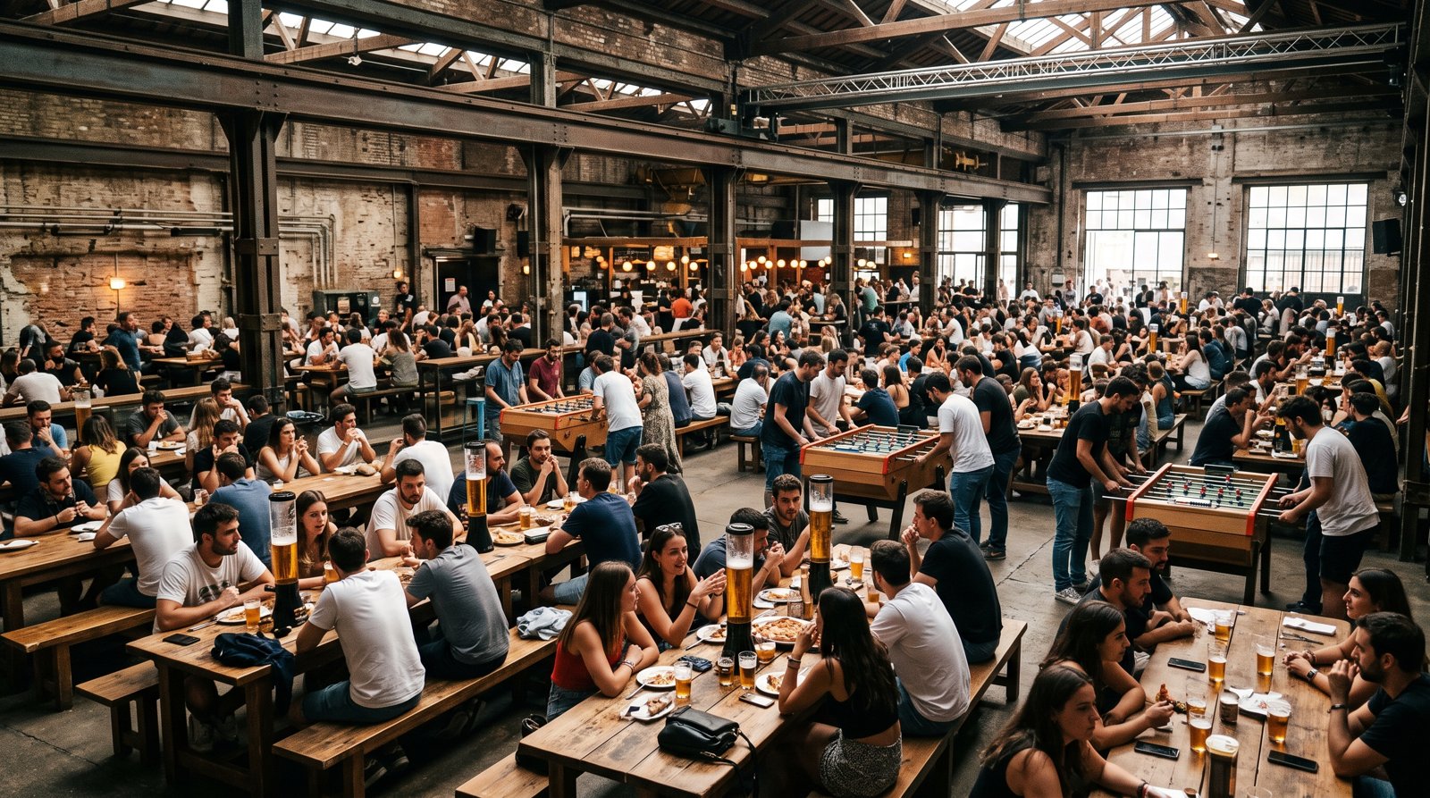 the interior of L’Ovella Negra del Poblenou in a vast former warehouse, with long tables, litre-tower beer and table football under industrial beams