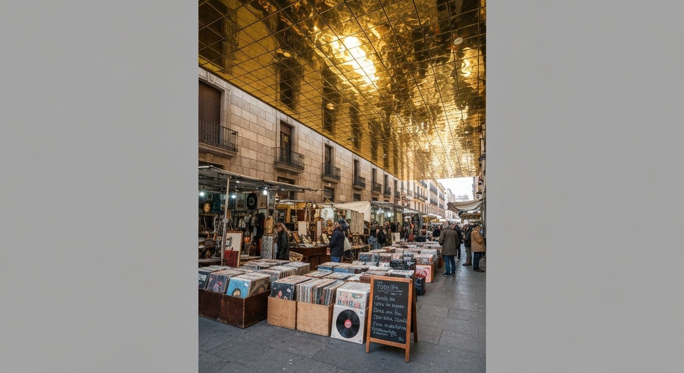 Els Encants flea market under its mirrored gold canopy, with stalls of antiques and vinyl in a busy morning scene