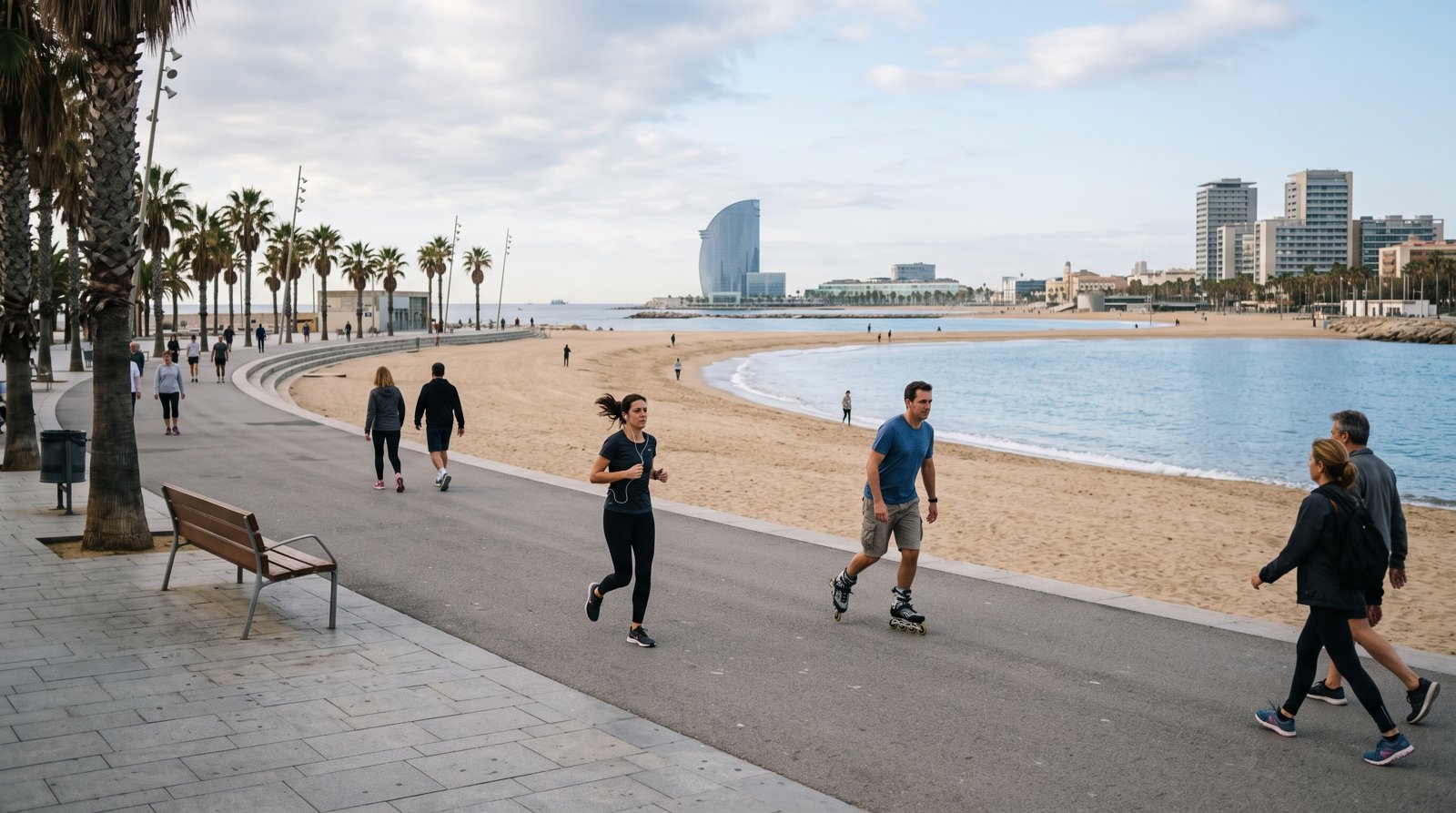 the calm sweep of Bogatell Beach with its jogging and skating promenade, locals moving along the seafront in soft morning light